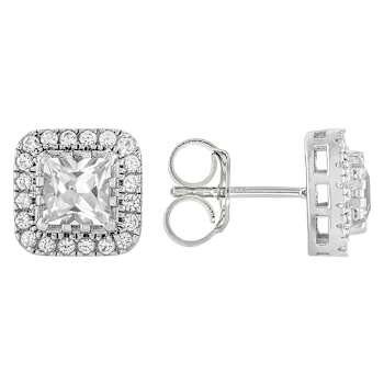 Lab White Sapphire Square Stud Earrings In PlatInum Over Sterling Silver