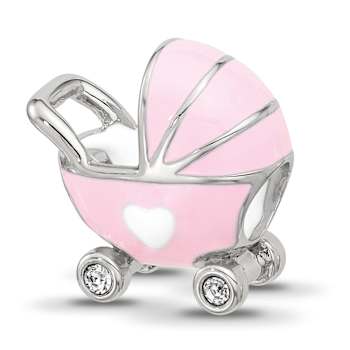 Sterling Silver Enamel Baby Carriage with Crystal Bead