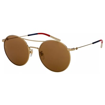 Gucci Gold Tone with Blue Red Cream Arm Detail Frame / Brown Lens Sunglasses