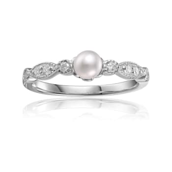 Freshwater Pearl with Moissanite Accents Rhodium Over Sterling Silver Ring