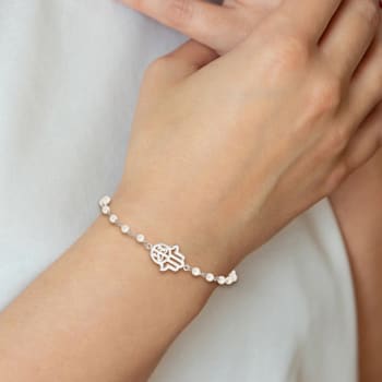 Sterling Silver Hamsa with Freshwater Cultured Pearl Adjustable Bracelet