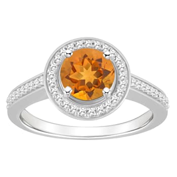 7mm Round Citrine 1/5 ctw Diamond Rhodium Over Sterling Silver Halo Ring