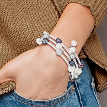 Sterling Silver 7-8mm Blk/Gry/Wht Baroque FWC Pearl and Glass Beaded
3-row Coil Slip-on Bangle