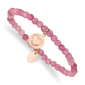 Rose Stainless Steel Polished Heart Pink Jade Stretch Bracelet