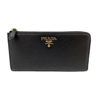 Prada Saffiano Long Continental Zip Wallet Black Leather Gold Tone Logo