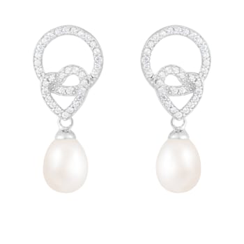 8-8.5mm White Cultured Freshwater Pearl and Cubic Zirconia Rhodium Over
Sterling Silver Earrings