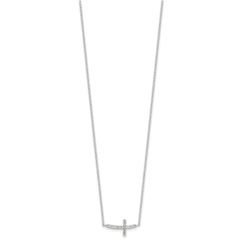 Rhodium Over Sterling Silver Cubic Zirconia Sideways Cross with 2-inch
Extension Necklace