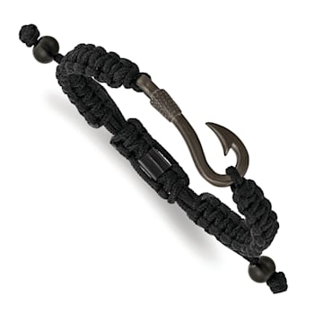 Stainless Steel Brushed Gun Metal IP-plated Fishing Hook Black Nylon
Adjustable Bracelet