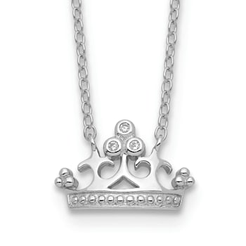 Rhodium Over Sterling Silver Polished and Beaded Cubic Zirconia Crown
with 2-inch Extension Necklace