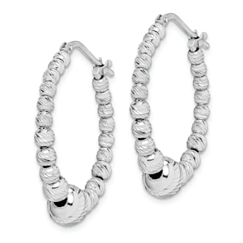 Rhodium Over Sterling Silver Diamond-cut Beaded Hoop Earrings