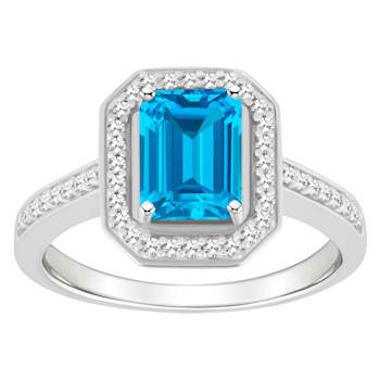 8x6mm Emerald Cut Blue Topaz 1/5 ctw Diamond Rhodium Over Sterling
Silver Halo Ring
