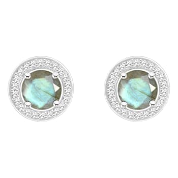 6mm Round Labradorite 1/5 ctw Diamond Rhodium Over Sterling Silver Halo
Stud Earrings