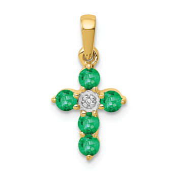 14k Yellow Gold and Rhodium Over 14k Yellow Gold Emerald and Diamond
Cross Pendant