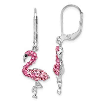 Rhodium Over Sterling Silver Pink Crystal Flamingo Leverback Earrings