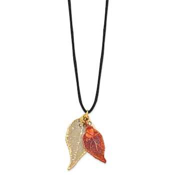 24k Yellow Gold and Iridescent Copper Dipped Double Evergreen Leaf Necklace
