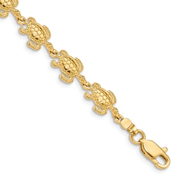 14k Yellow Gold Textured Swimming Sea Turtle Link Bracelet