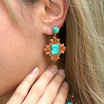 Barse Jewelry Composite Turquoise With Opal & Coral Gold Tone Santa
Fe Cross Dangle Earrings