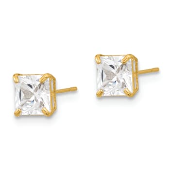 14K Yellow Gold 5mm Square Cubic Zirconia Basket Set Stud Earrings