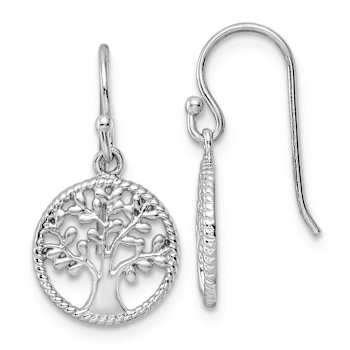 Rhodium Over Sterling Silver Tree Dangle Earrings