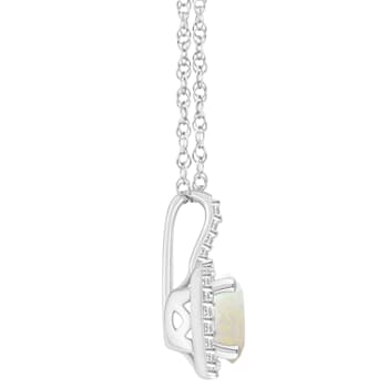 7mm Round Opal 1/7 ctw Diamond Rhodium Over Sterling Silver Halo Pendant
with Chain