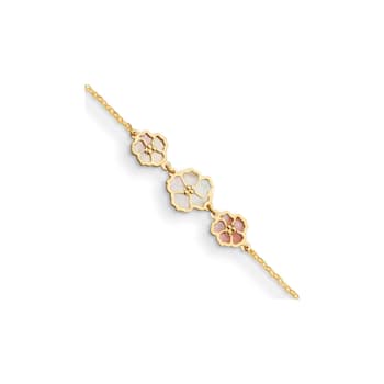 14K Yellow Gold with Pink and White Mother of Pearl Flowers 7-inch Bracelet