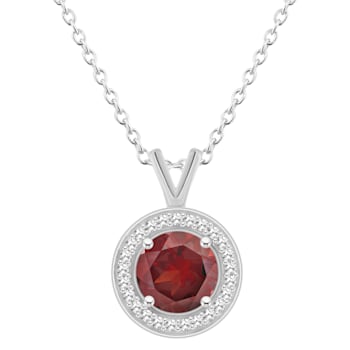 7mm Round Garnet 1/8 ctw Diamond Rhodium Over Sterling Silver Halo
Pendant with Chain