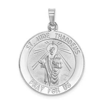 Rhodium Over 14k White Gold Satin and Textured Saint Jude Medal Pendant