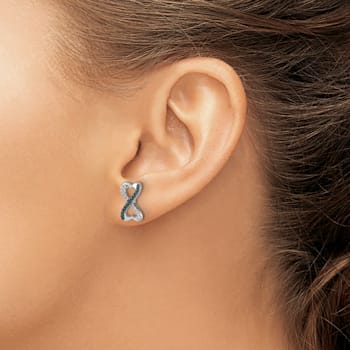 Rhodium Over 14k White Gold Blue and White Diamond Infinity Heart Stud Earrings