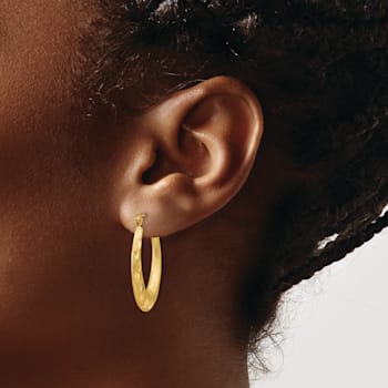 14k Yellow Gold 1 1/16" Satin Diamond-cut Hoop Earrings