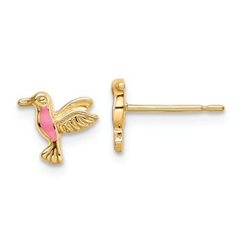 14K Yellow Gold Pink Enameled Hummingbird Stud Earrings