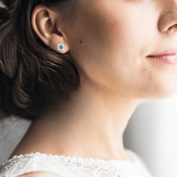Green Emerald with Moissanite Sterling Silver Halo Stud Earrings