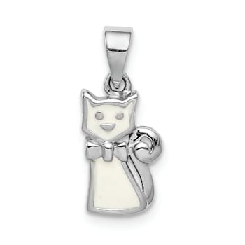 Rhodium Over Sterling Silver Polished White Enameled Cat Children's Pendant