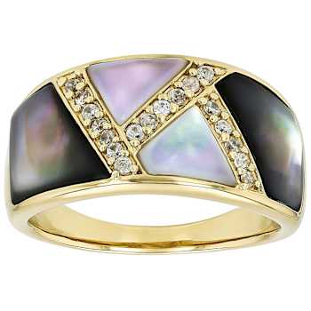 Black And White Mother-Of-Pearl And White Zircon Ring In 18K Gold Over
Sterling Silver 0.17ctw