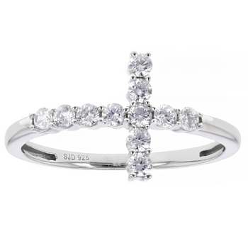 East-West CZ Cross Band Ring In Sterling Silver