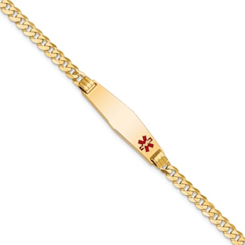 10k Yellow Gold Medical Soft Diamond Shape Red Enamel Curb Link ID Bracelet