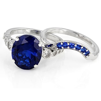 Blue Lab Created Spinel Rhodium Over Sterling Silver Ring Set 4.39ctw