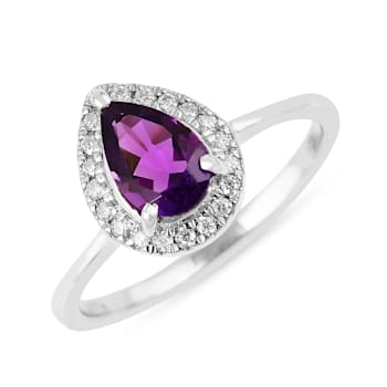 Pear Shape Amethyst with Moissanite Accents Rhodium Over Sterling Silver
Halo Ring