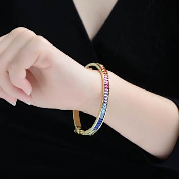 Multi-Color CZ Rectangle Bangle Bracelet In 14K Gold Over Brass