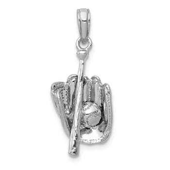 Rhodium Over 14k White Gold 3D Polished and Textured Glove/Bat/Baseball Pendant