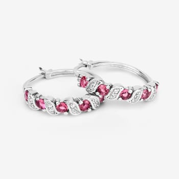 Pink Tourmaline and White Topaz Sterling Silver Hoop Earrings