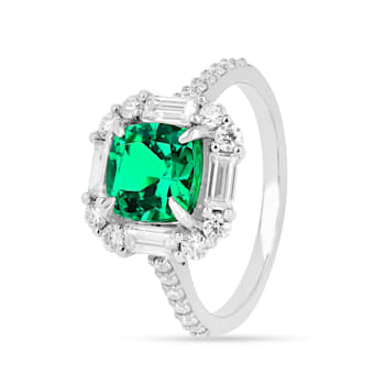 Green Lab Created Emerald and Moissanite Rhodium Over Sterling Silver
Halo Design Ring