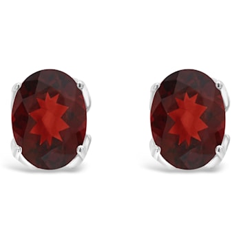 8x6mm Oval Garnet Rhodium Over Sterling Silver Stud Earrings