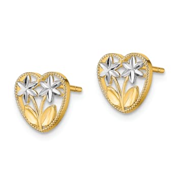 14K Yellow Gold and Rhodium Over 14K Yellow Gold Diamond-Cut Flower and
Heart Stud Earrings