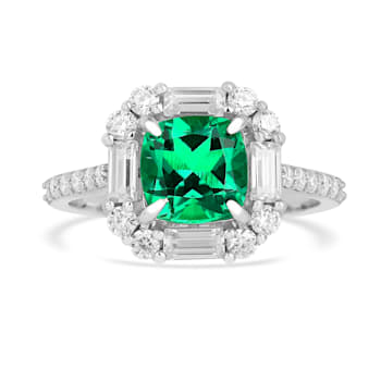 Green Lab Created Emerald and Moissanite Rhodium Over Sterling Silver
Halo Design Ring