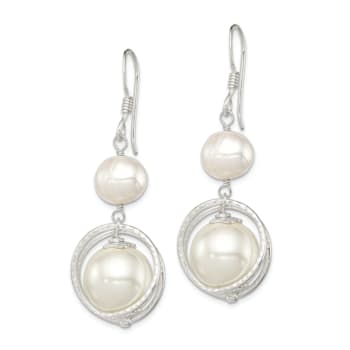 Sterling Silver Polished and Textured Freshwater Cultured Pearl and
Shell Pearl Dangle Earrings