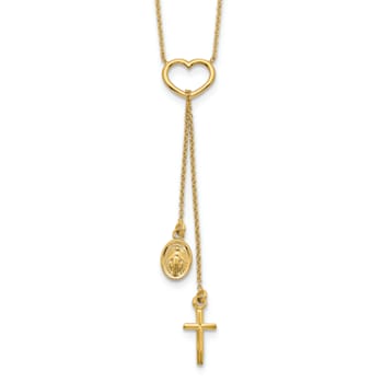 14K Yellow Gold Polished Heart with Dangle Cross and Religious Medal Necklace