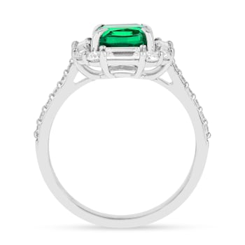 Green Lab Created Emerald and Moissanite Rhodium Over Sterling Silver
Halo Design Ring