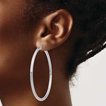 Rhodium Over 14k White Gold 2 3/8" Polished Tube Hoop Earrings