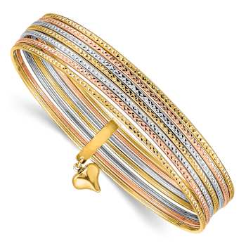 14K Tri-color Oversized Set of 7 Textured Slip-on Bangles with Dangle
Heart Charm