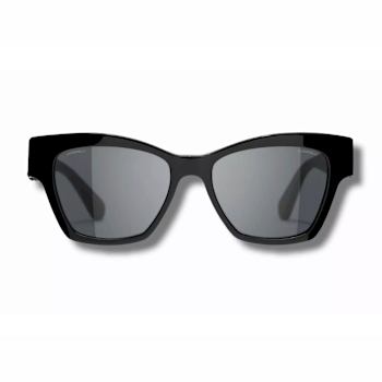 Chanel Black w Black Leather Arm Detail and "CC" Logo Frame/
Gray Lens Sunglasses